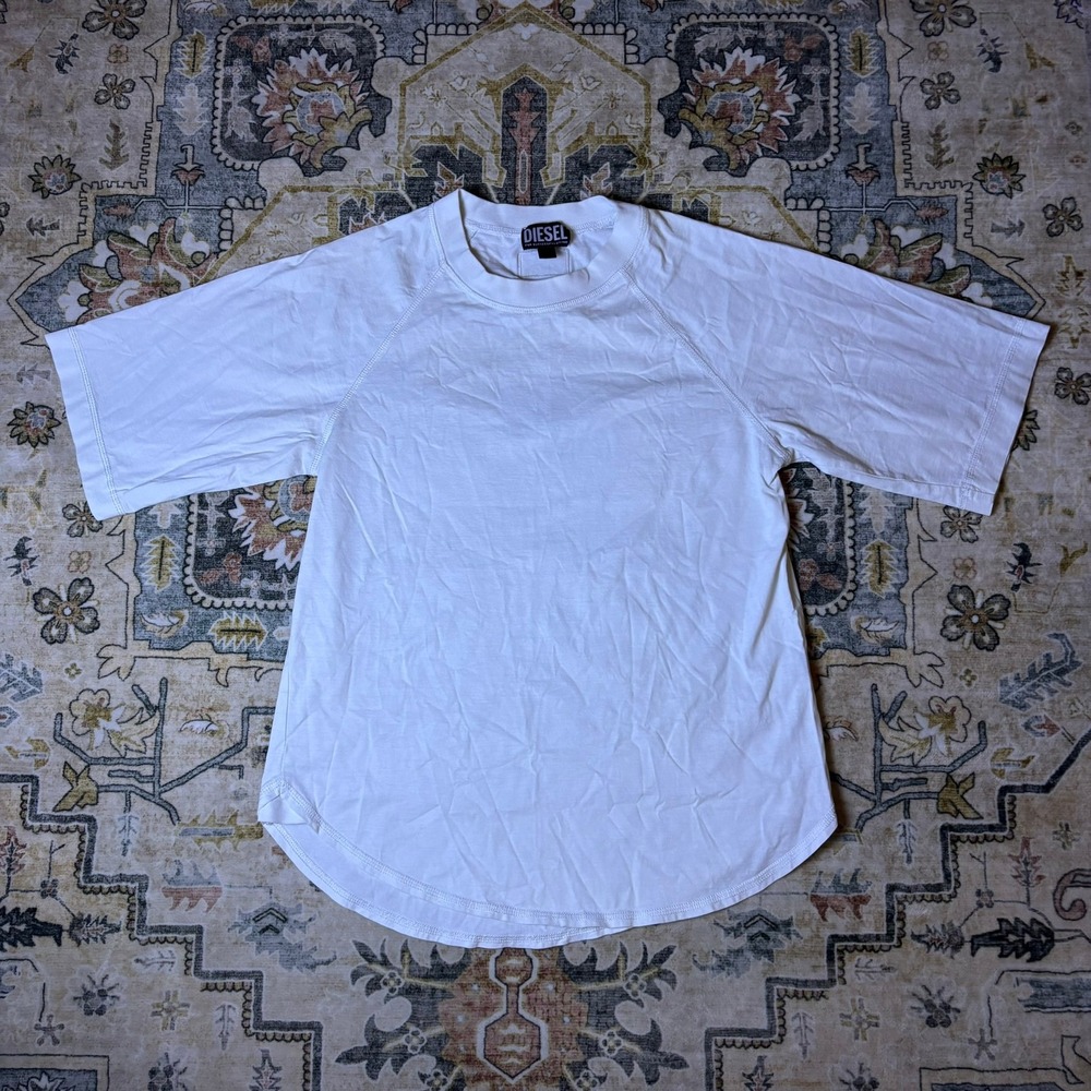 Diesel White Raglan Short Sleeve T-Shirt Curved Hem Back Logo Patch Mens Small